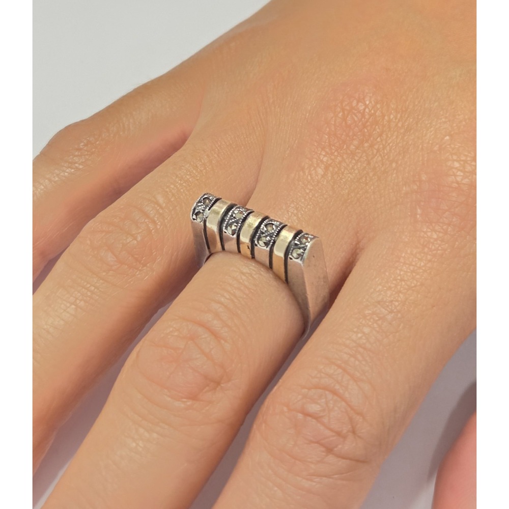 Unique Vintage Sterling Silver Vermeil Marcasite Statement Strike Ring Size 7.5